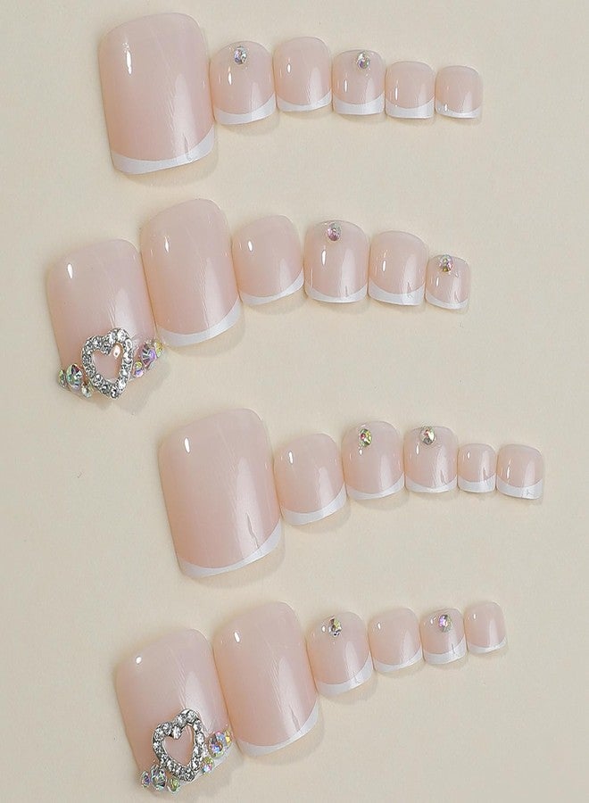 GRITOSE French Tip Press One Toe Nail for Women Fake Toenail with Rhinestones Designs Heart Glossy Fashion False Toenail Full Cover Acrylic Nail Art DIY Foot Nails Design Toenail Tips 24Pcs - Image 2
